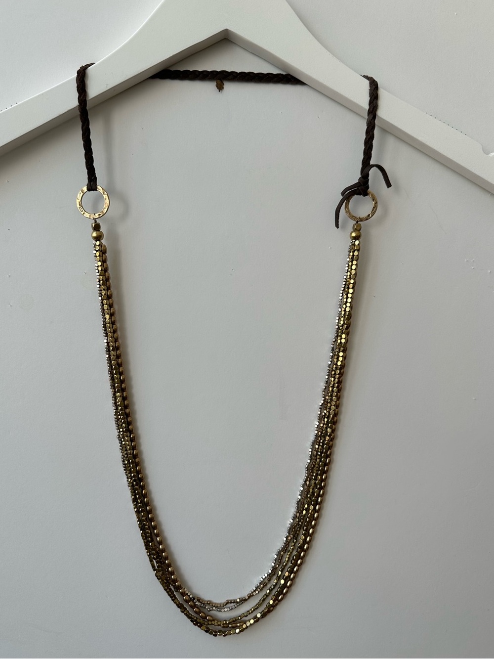 Lucky Brand - Layered Multi Strand Metal Beaded Necklace with Brown Braided Cord